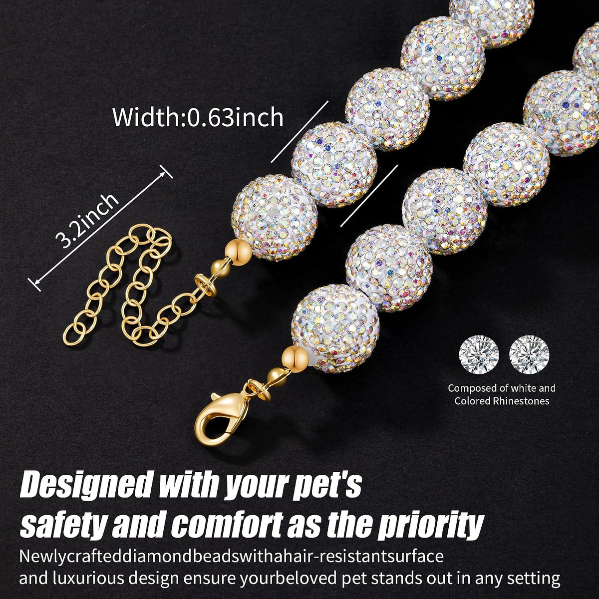 Diamond Beaded Dog Collar, Sparkling Crystal Pet Necklace Collar with Adjustable Chain, Luxury Diamond Collar for