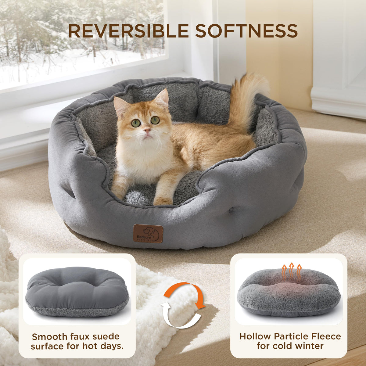 Self Warming Cat Bed,Round Washable Small Dog Bed, 20In Grey