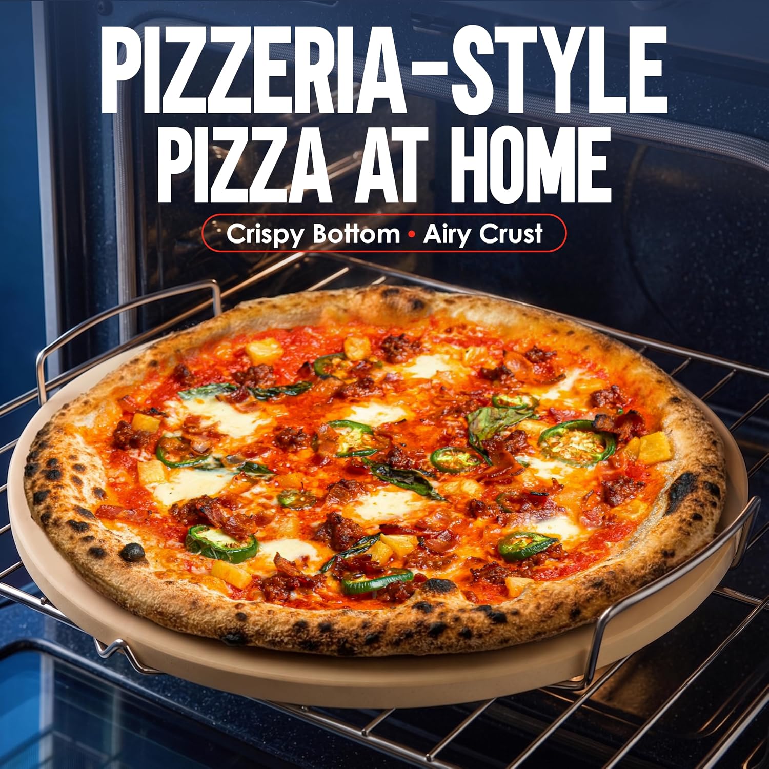 16-inch Pizza Stone for Oven and BBQ Grill with Handles, Round, 5/8" Thick - Natural Cordierite, 1800 °F Resistant