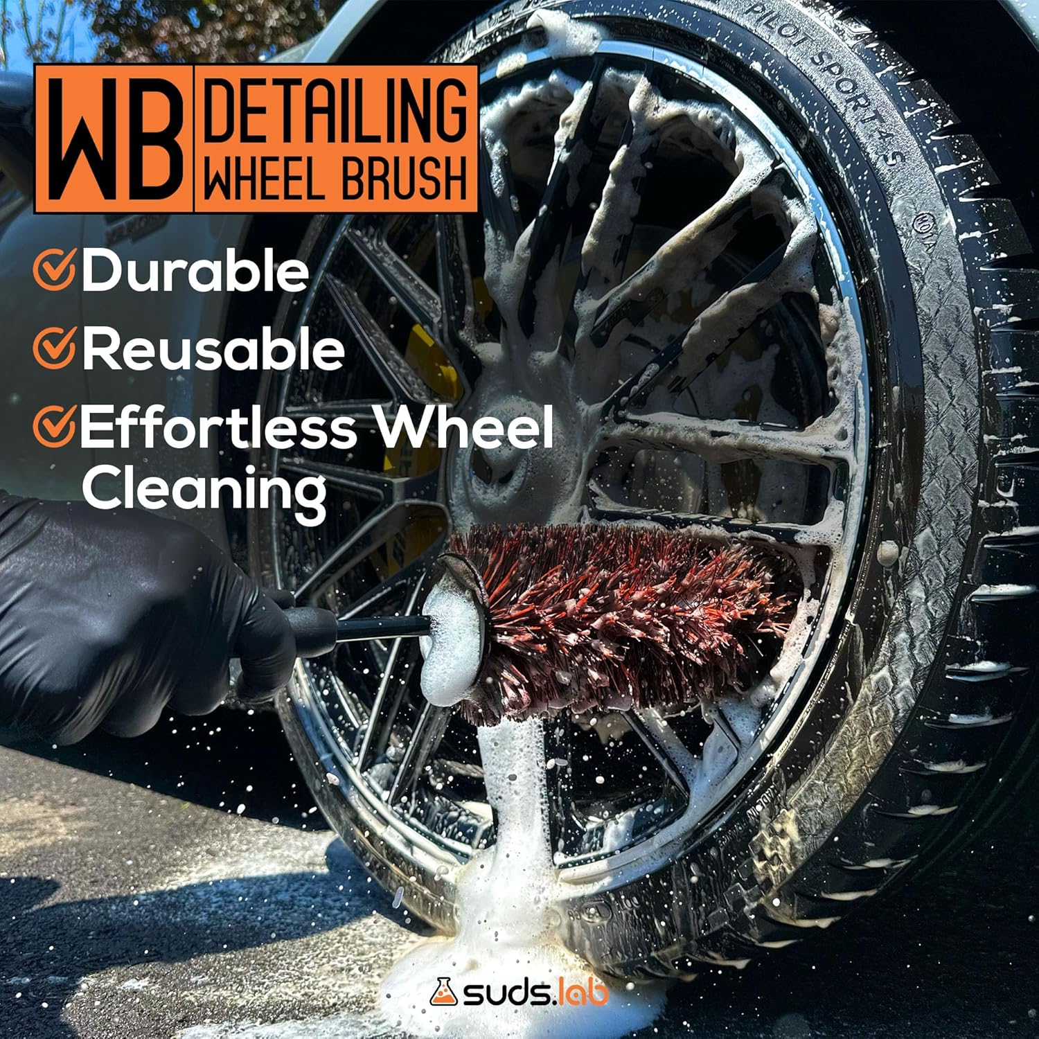 Suds Lab WB Premium Detailing Wheel Brush, Ultra-Soft, 17.7", All Vehicles | Scratch-free reusable rim, and tire