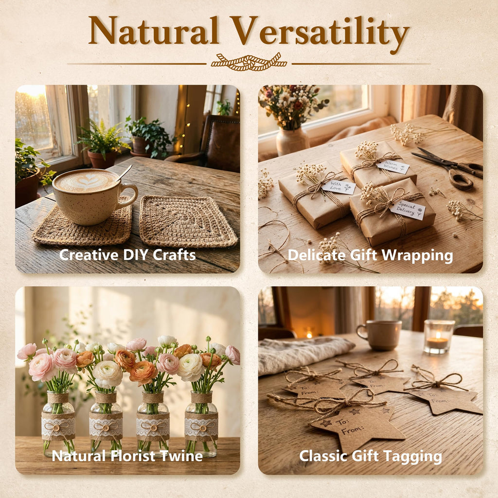 2mm Natural Jute Twine 328ft, Strong String for Crafts, Gift Wrapping & Wedding Decor, Durable Garden Twine for