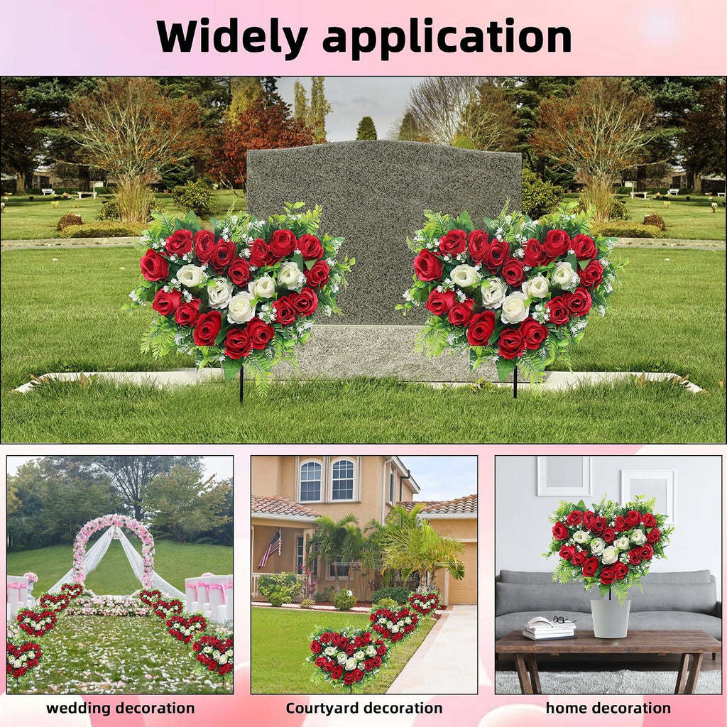 2 Sets Artificial Cemetery Flowers, Grave Memorial Flowers with Ground Spike,Heart Shaped Wreaths Rose Flowers for