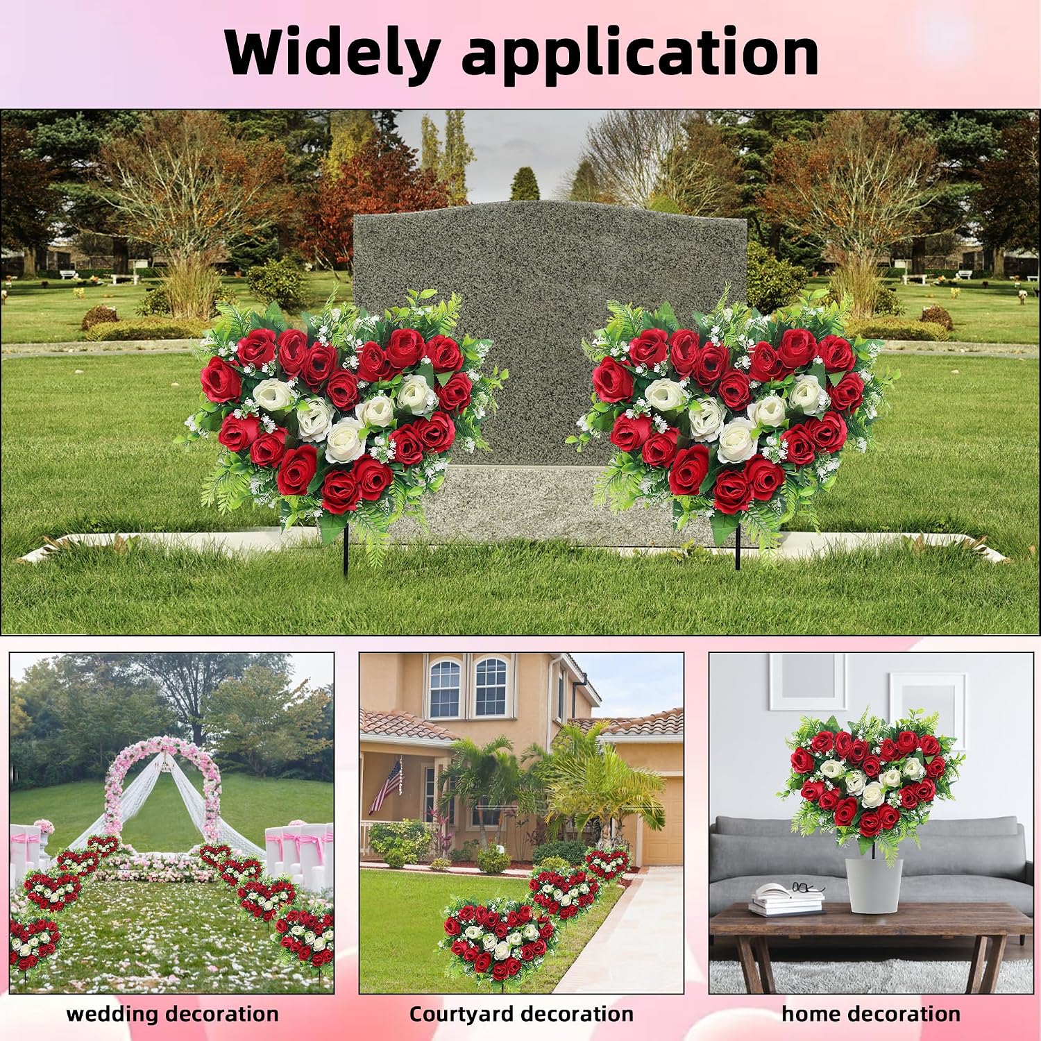 2 Sets Artificial Cemetery Flowers, Grave Memorial Flowers with Ground Spike,Heart Shaped Wreaths Rose Flowers for