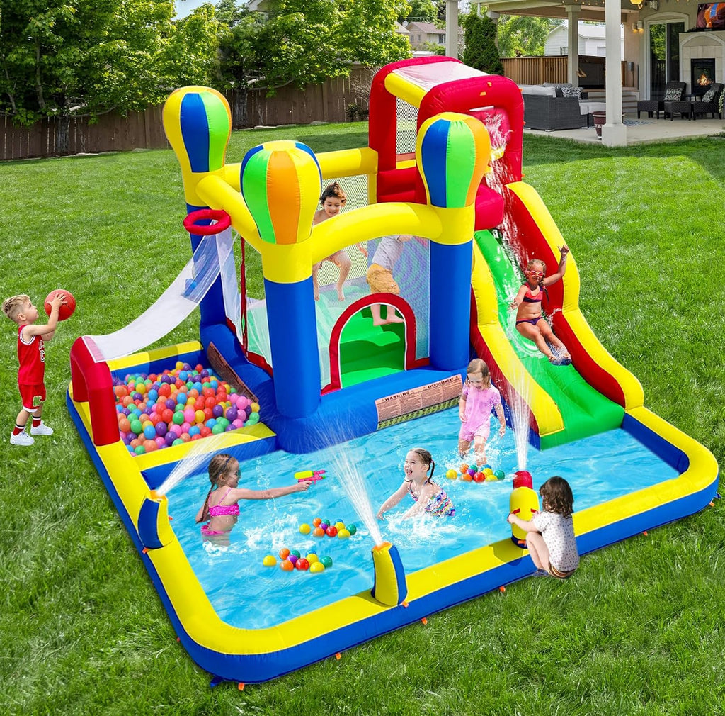 Inflatable Bounce House with Water Slide – Backyard Inflatable Water Park with 4 Sprinklers, 2 Splash Pools, Fits 5