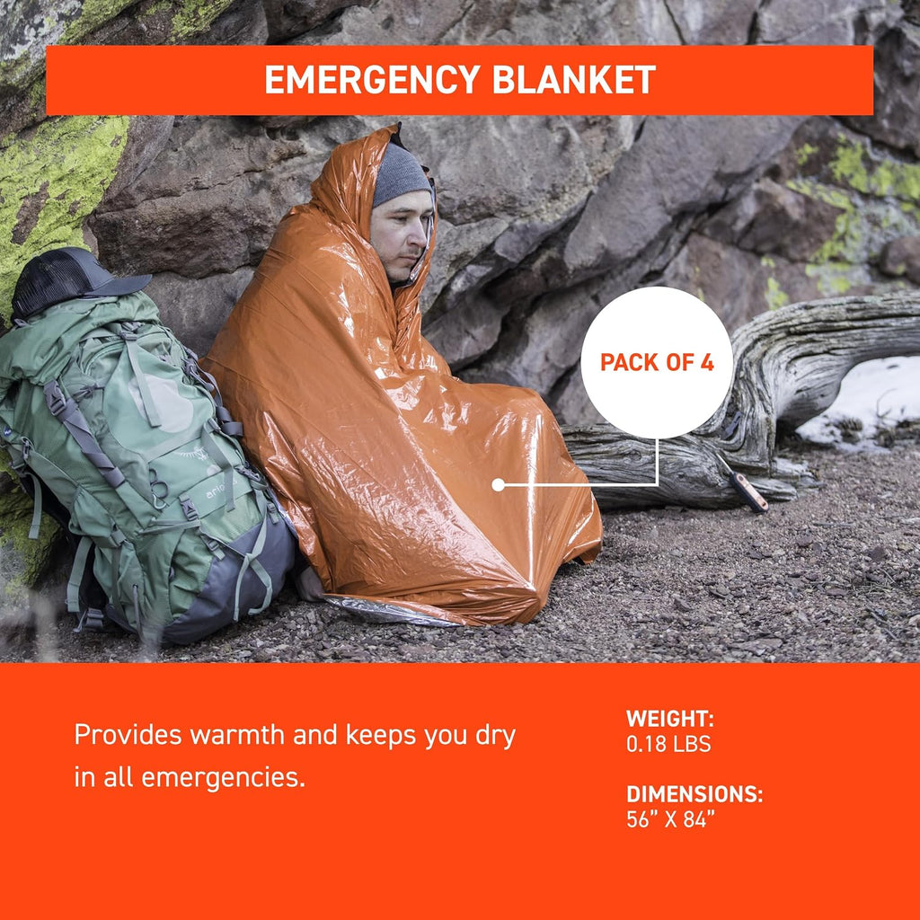 SOL 90% Heat Reflective Emergency Blanket, Orange, 56" x 84", 4 Pack | Vacuum-Metalized Polyethylene Blanket Resists