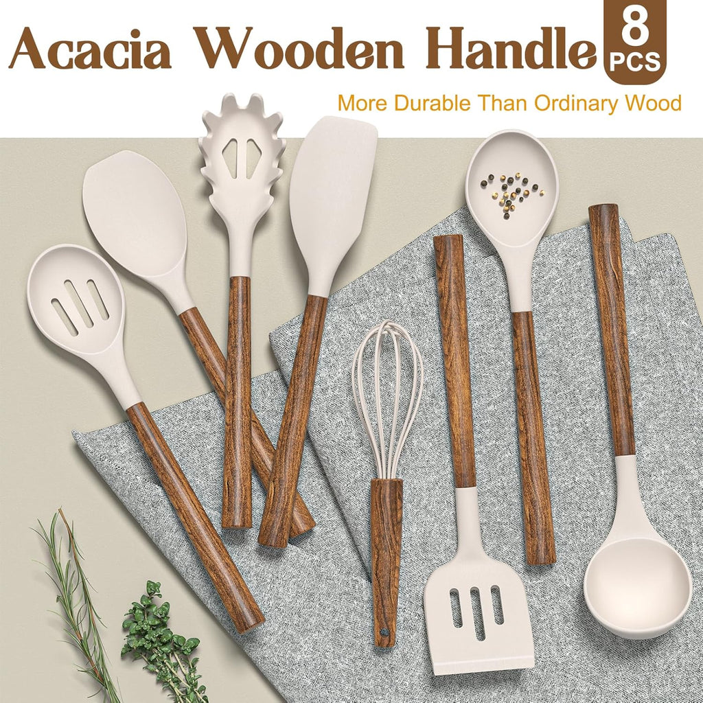 Silicone Cooking Utensil Set,Umite Chef 8-Piece Kitchen Utensils Set with Natural Acacia Wooden Handles, Silicone