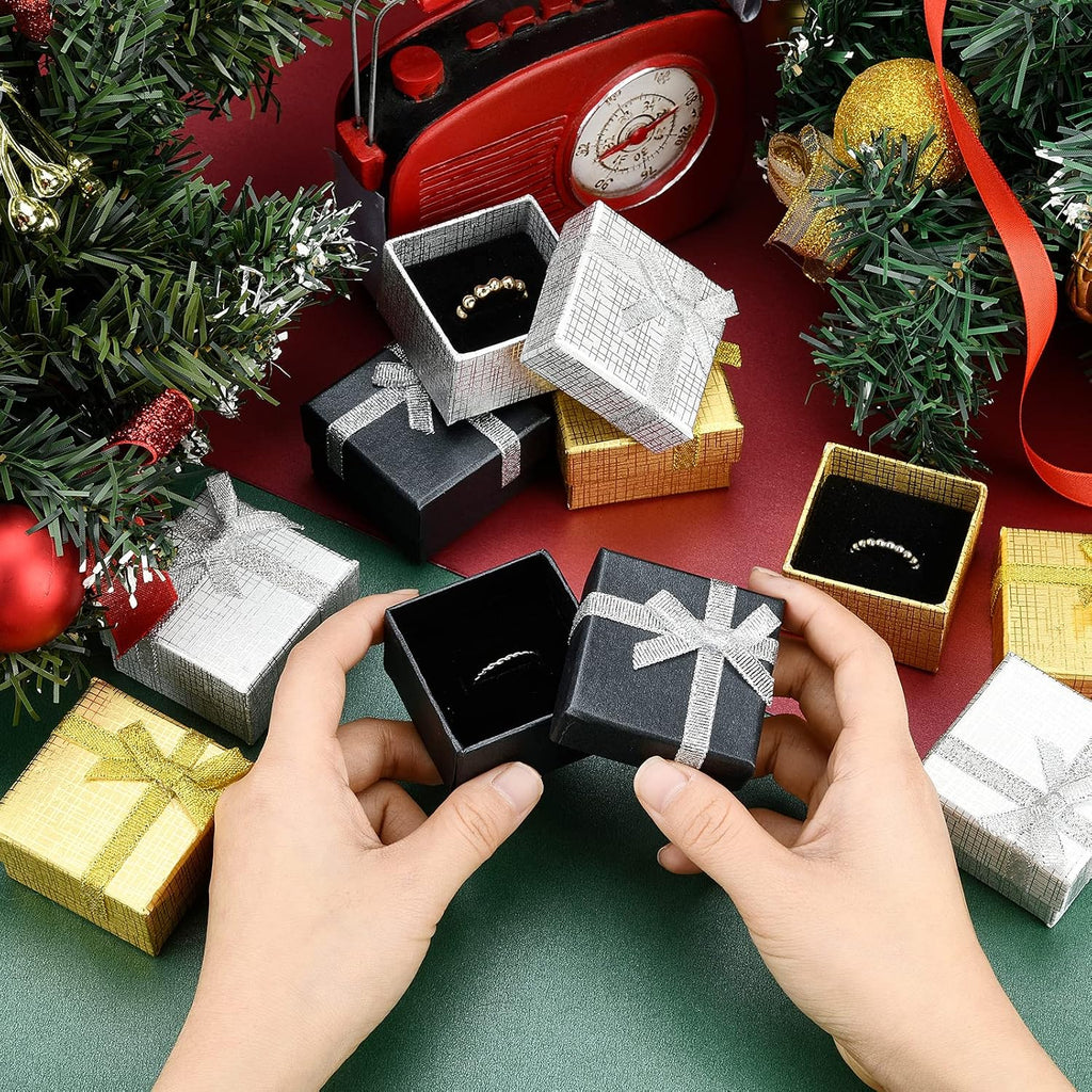 12 Pack Jewelry Gift Box, 2x2x1.2 inch Square Ring Box Earring Box Cardboard Boxes Small Display Boxes with Bowknot