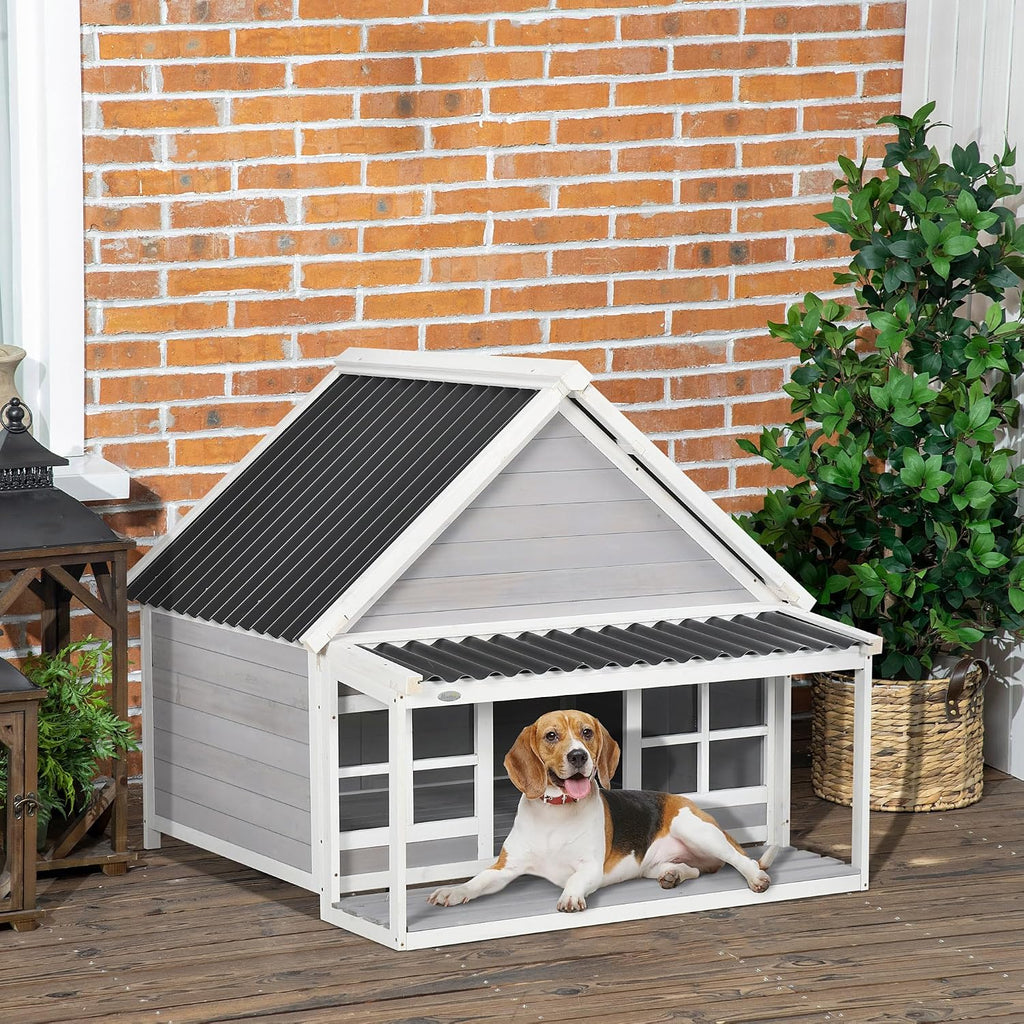 Wooden Dog House with Porch for Large Dogs, Tilt Roof, Front Door