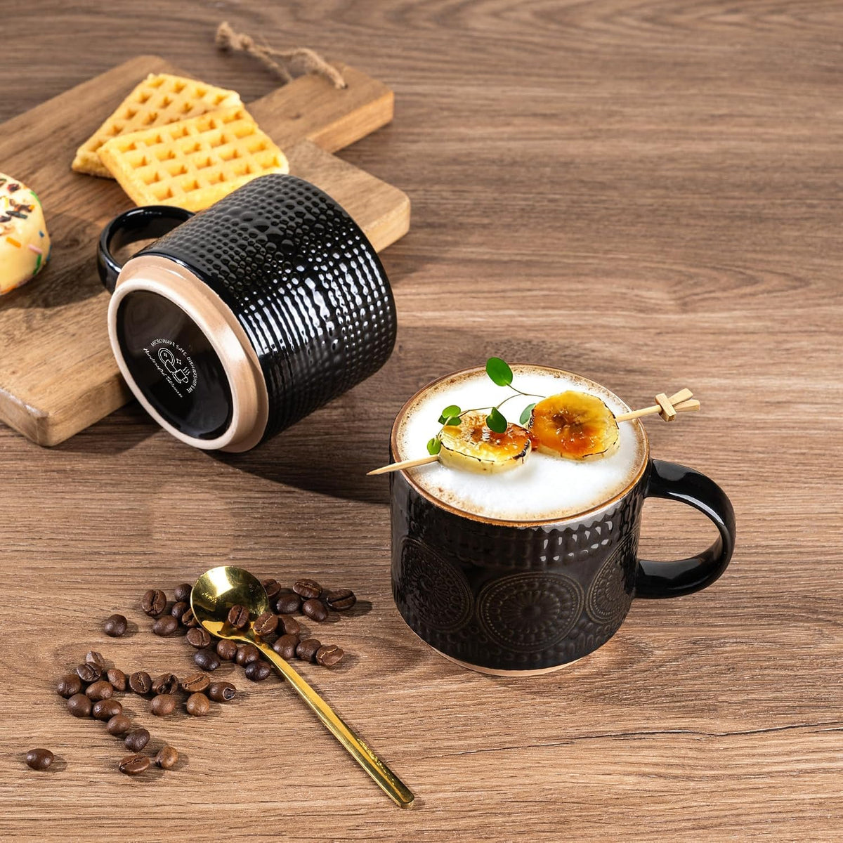 12OZ Stackable Coffee Mugs, Ceramic Coffee Mugs with Texture Patterns for Man,Woman,Dad,Mom, Modern Coffee Mugs Set