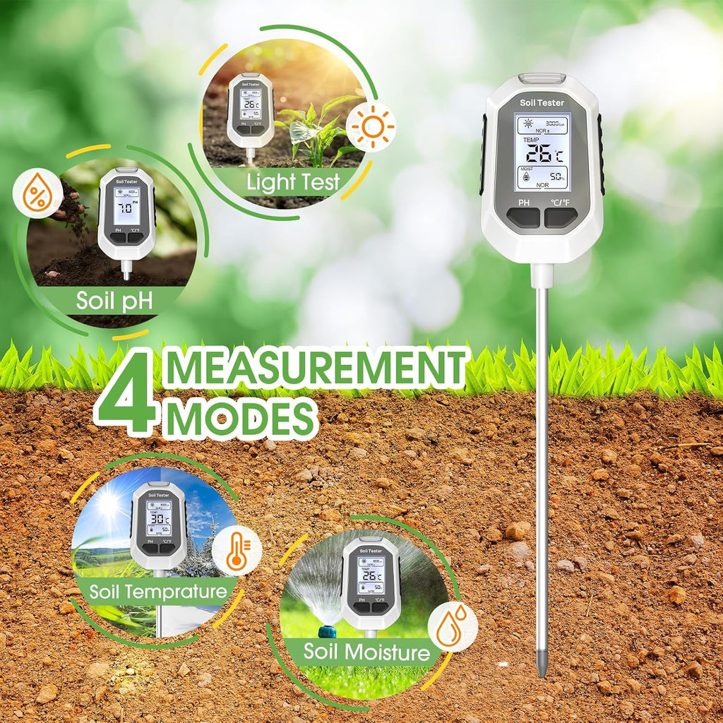 4-in-1 Soil Moisture Meter Digital Plant Temperature/Soil Moisture/pH Meter/Sunlight Intensity Backlight LCD Display