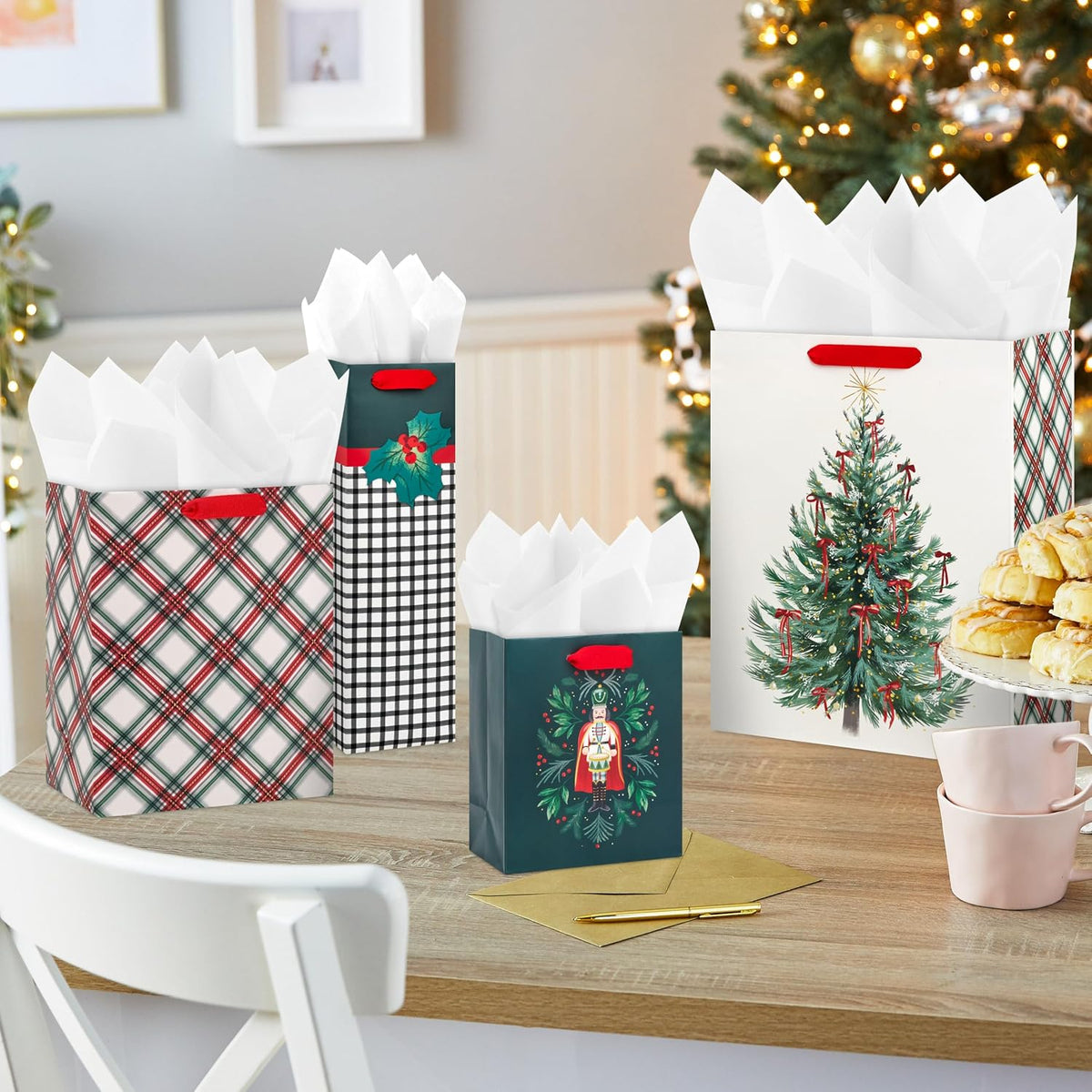 Christmas Gift Bags, Assorted 8-Pack (Nutcracker, Plaid, Tree)