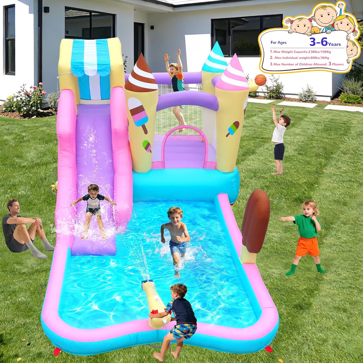 Inflatable Water Slide Bounce House, 8-in-1 Water Park with Water Cannon, Climbing Wall, Basketball Hoop & Splash