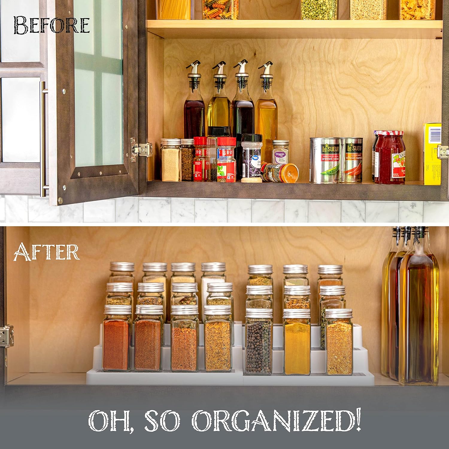 3–Tier Expandable Plastic Spice Rack - Adjustable Length, Stability with Non-Skid Shelf, Three Tiers for Easy
