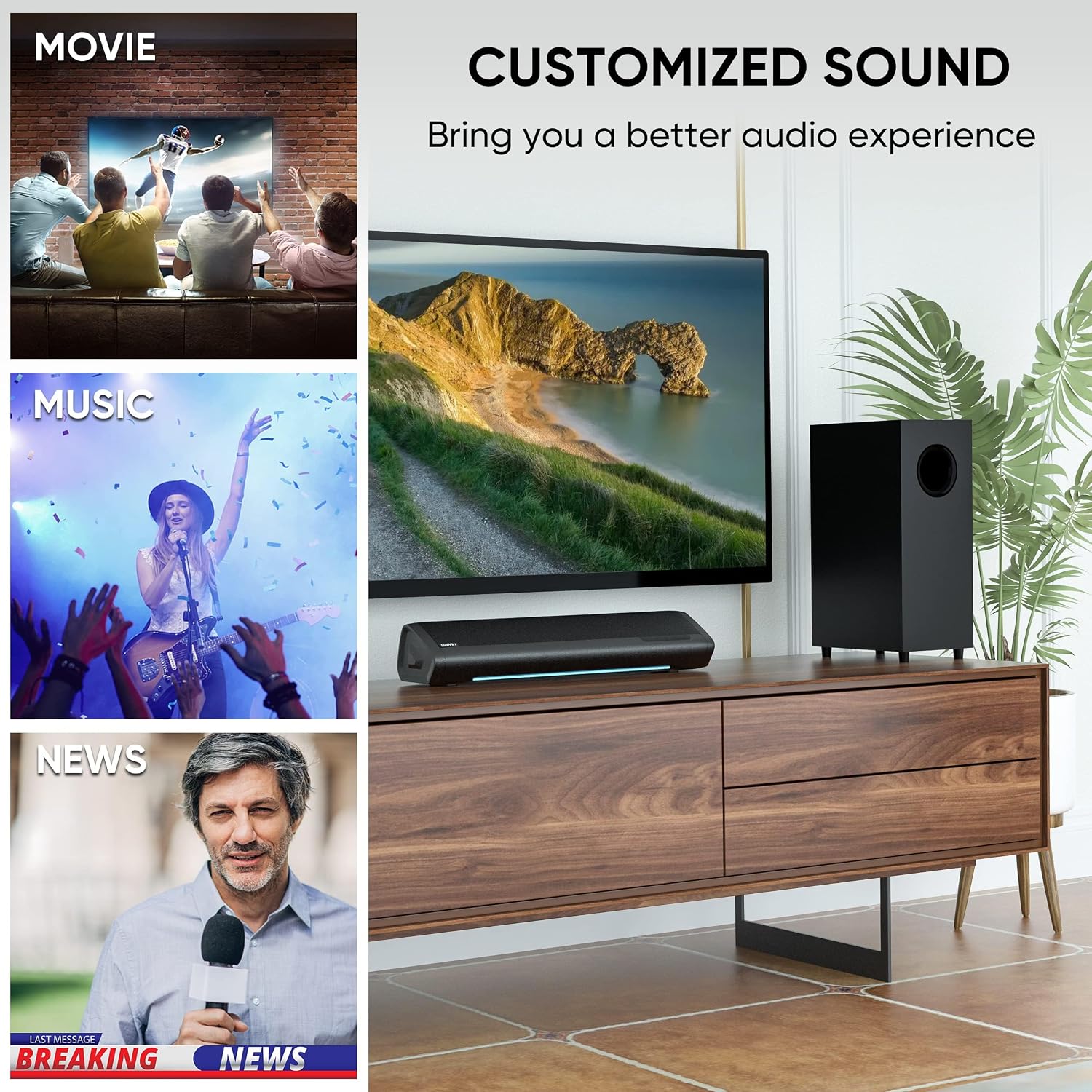 Sound Bar with Subwoofer, Home Theater Surround System for TV PC | 5" Subwoofer, Dual Bass Reflex Ports, Support