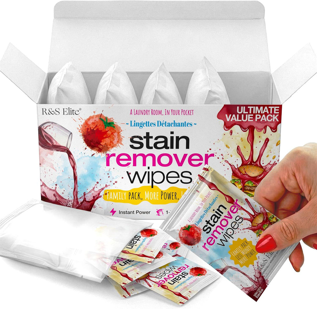 Stain Remover Wipes, 50 Count, Individually Wrapped, Instant Stain Removal