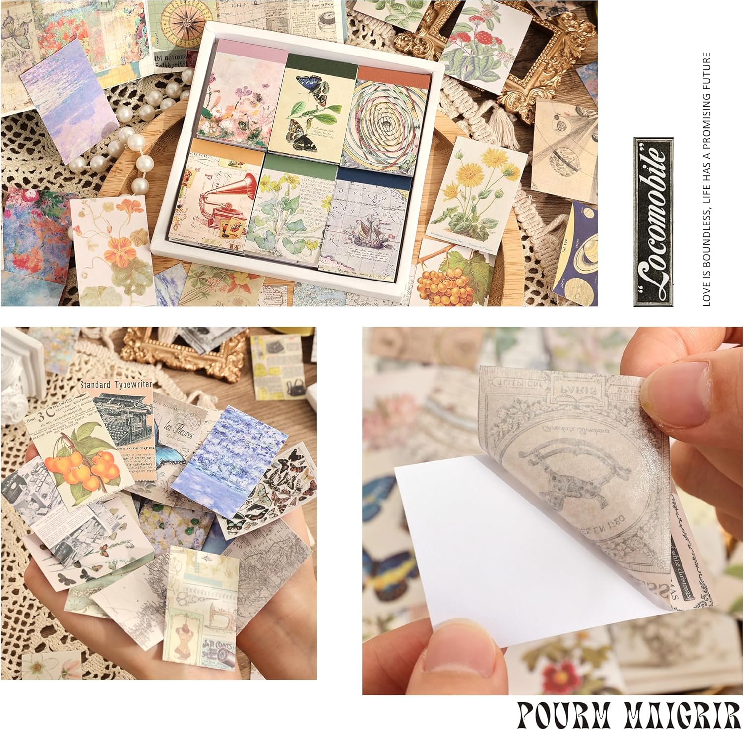 6 Sets 300 Pcs Washi Stickers Set Vintage Aesthetic Sticker Book for Journaling Decorative Scrapbook Floral Paper