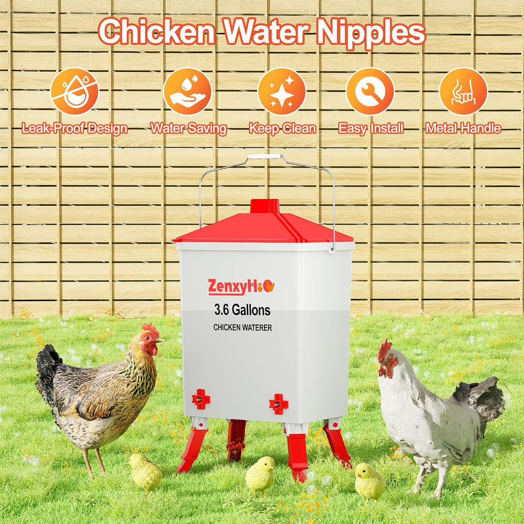 3.6 Gal Chicken Waterer with 4 Water Nipples - 3 Height Adjustable | Anti-roost Cone and Locking Legs Design
