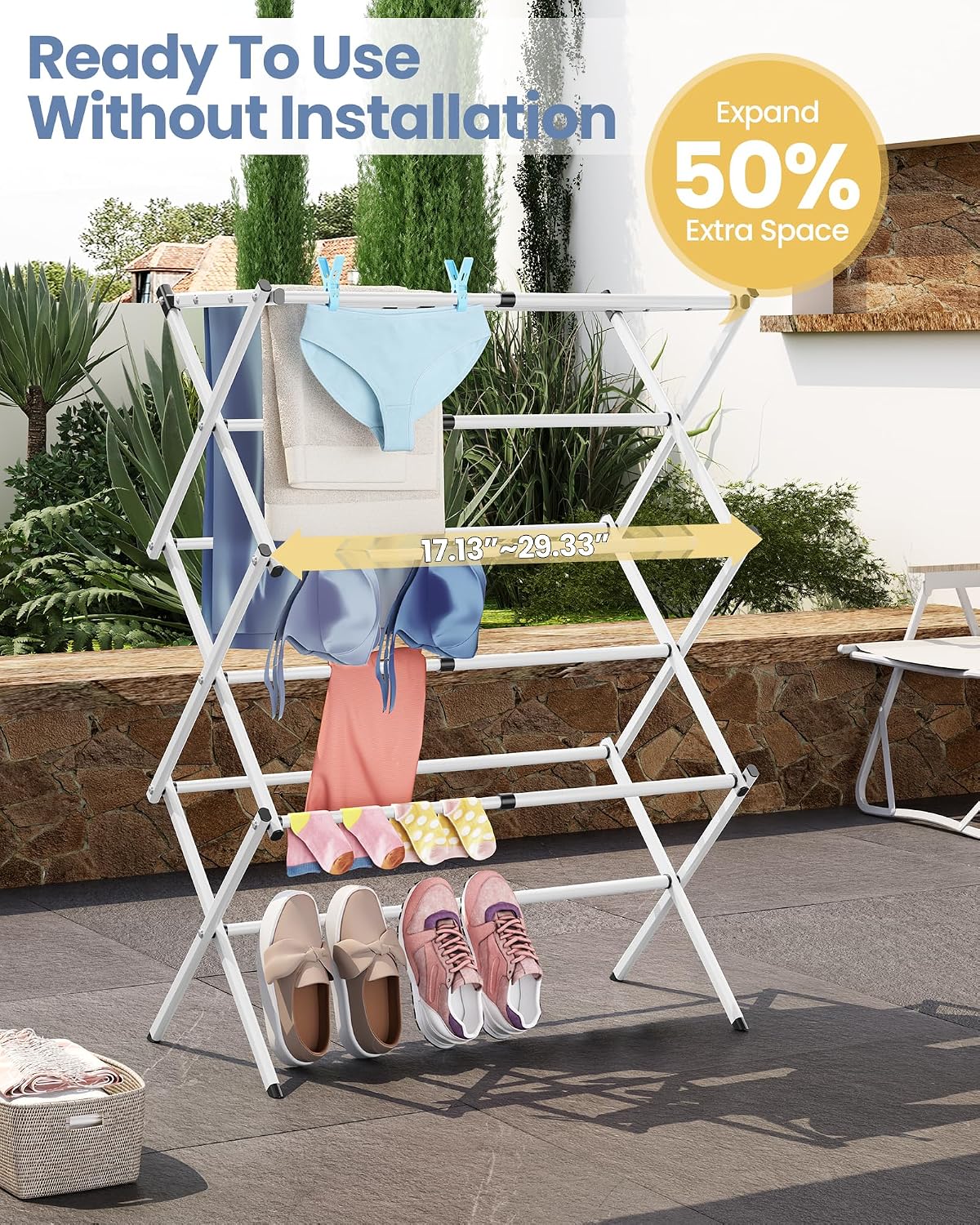 Oversize 3-Tier Clothes Drying Rack, No Install, White | Expandable Design, Non-slip feet, Tool-free Setup, Rust