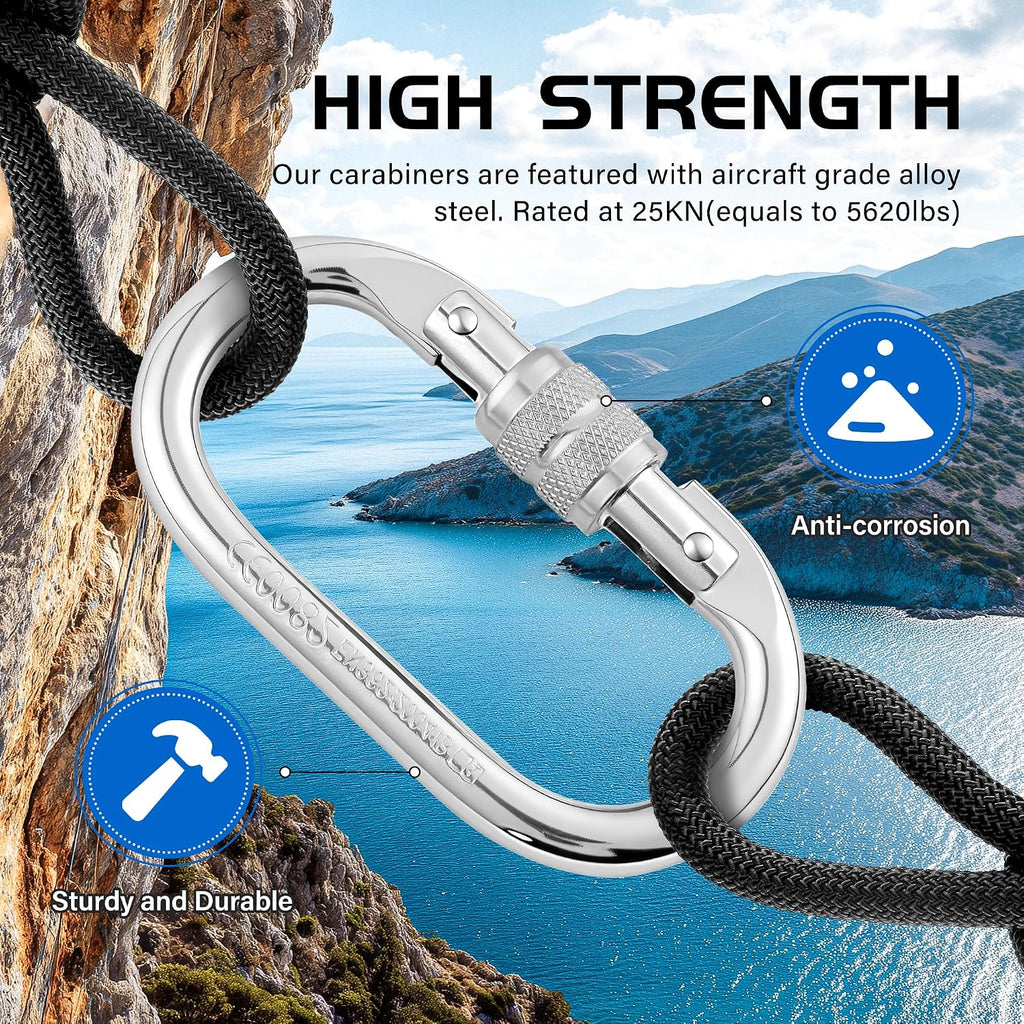 Heavy Duty Climbing Carabiner, Rated 25kN(5620lbs), Screw Locking Carabiner Clip, Oval Shape Carabiner for