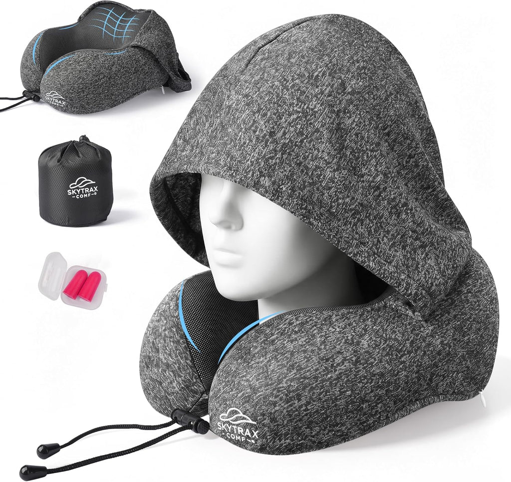 SkytraxComf Travel Neck Pillow with Hood for Privacy on Long Flights | Memory Foam | Airplane Sleep | Safety-Tested