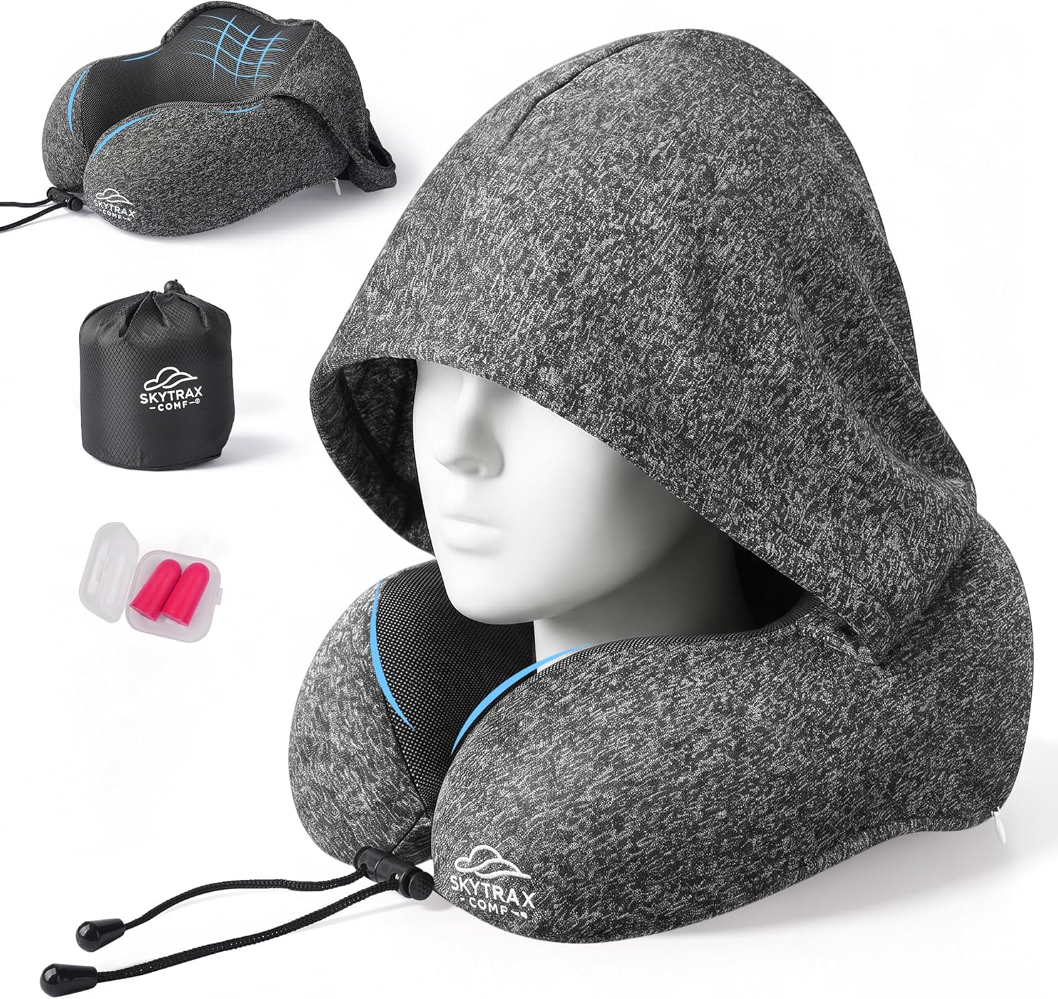 SkytraxComf Travel Neck Pillow with Hood for Privacy on Long Flights | Memory Foam | Airplane Sleep | Safety-Tested
