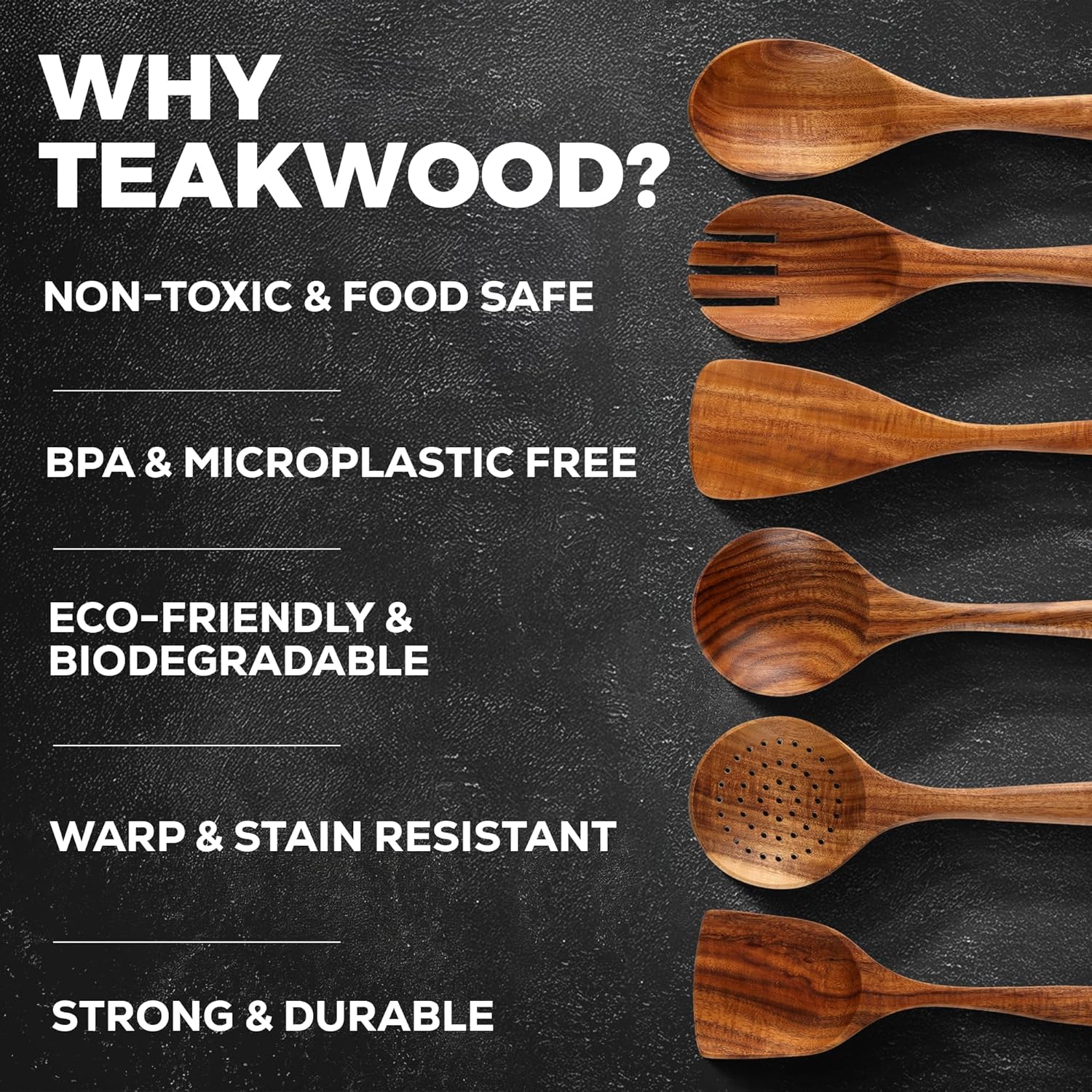 6 Piece Wooden Spoons for Cooking – Natural Teak Wooden Utensil Set, Easy to Clean, Durable, Smooth with Comfort Grip