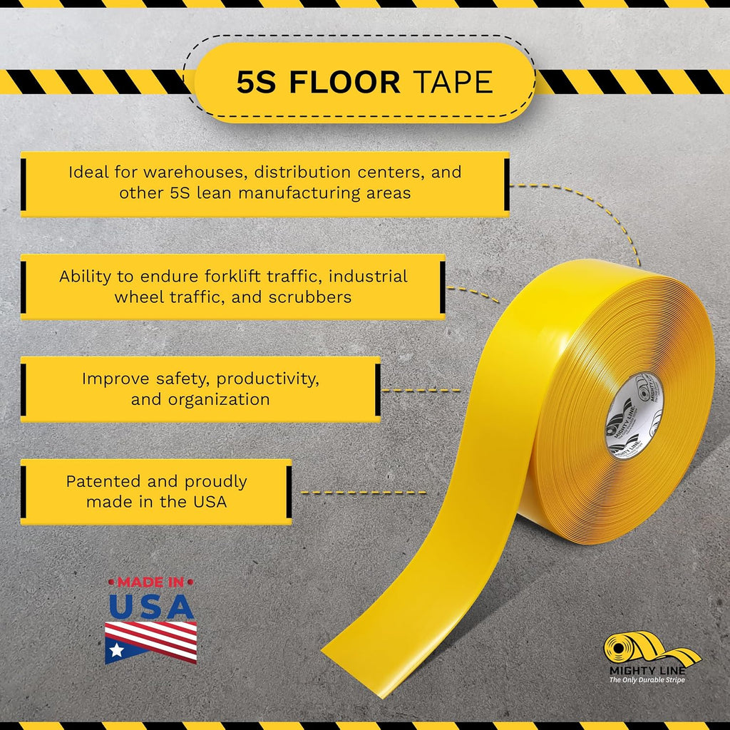 5S Floor Marking Tape, 3 in Wide, 100 ft Roll, Yellow