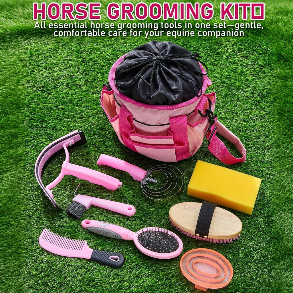 9 Pcs Horse Grooming Kit Tack Room Supplies, Classic, Pink