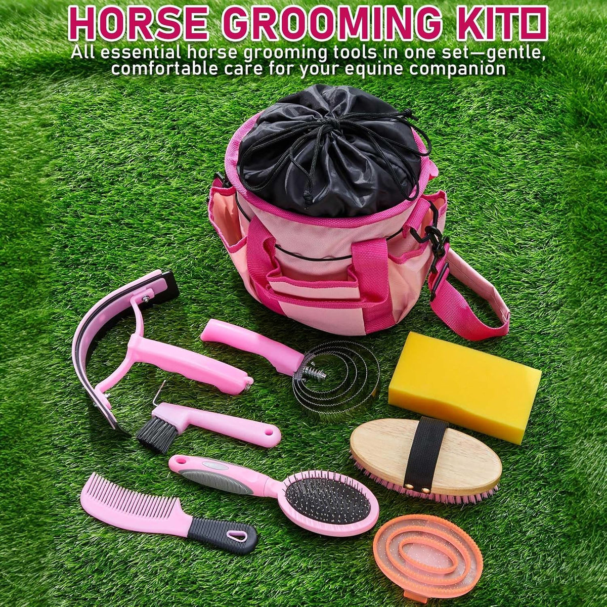 9 Pcs Horse Grooming Kit Tack Room Supplies, Classic, Pink