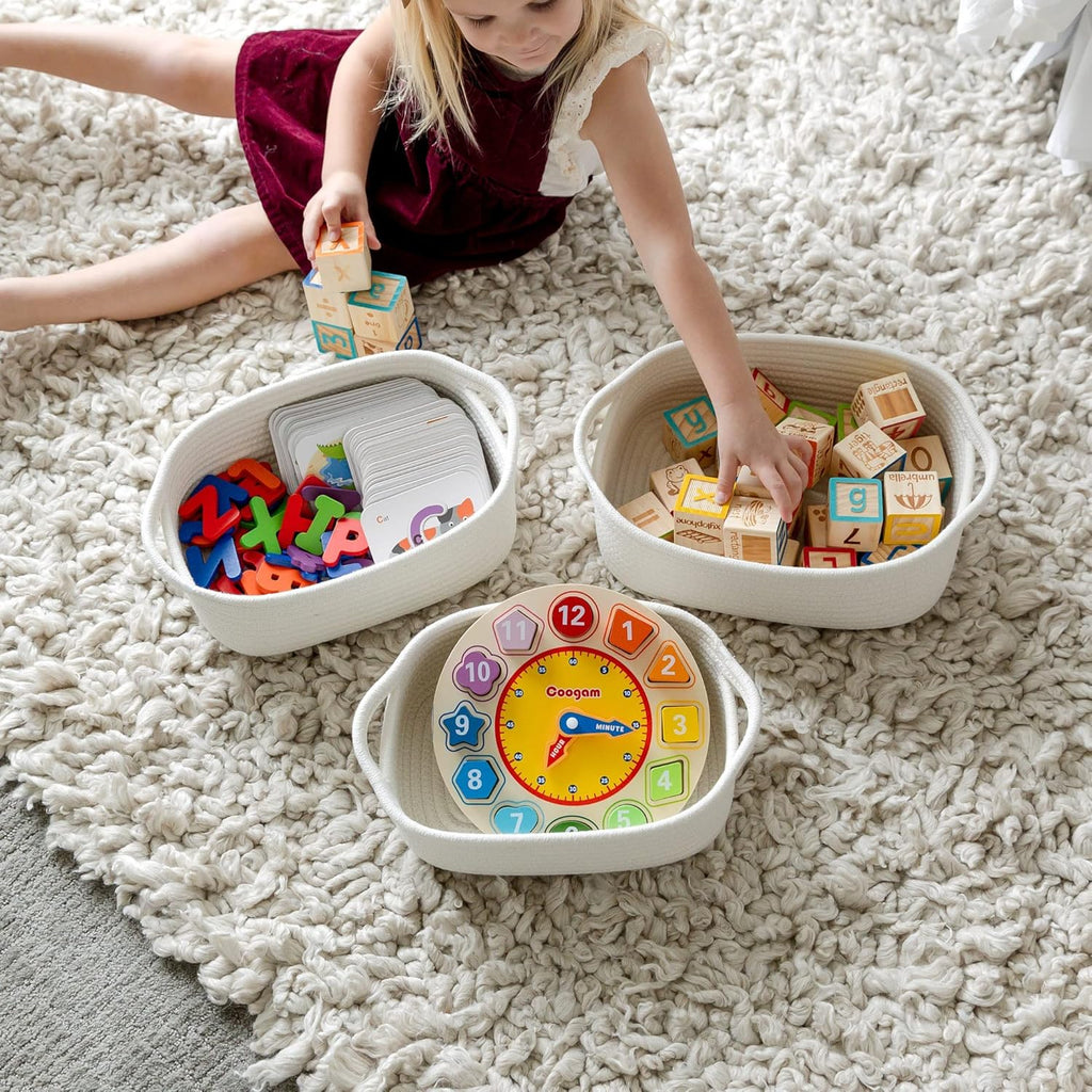 5-Piece Rectangle Storage Basket Set- Natural Cotton Rope Woven for Organizing! Small Basket for Montessori, Baby