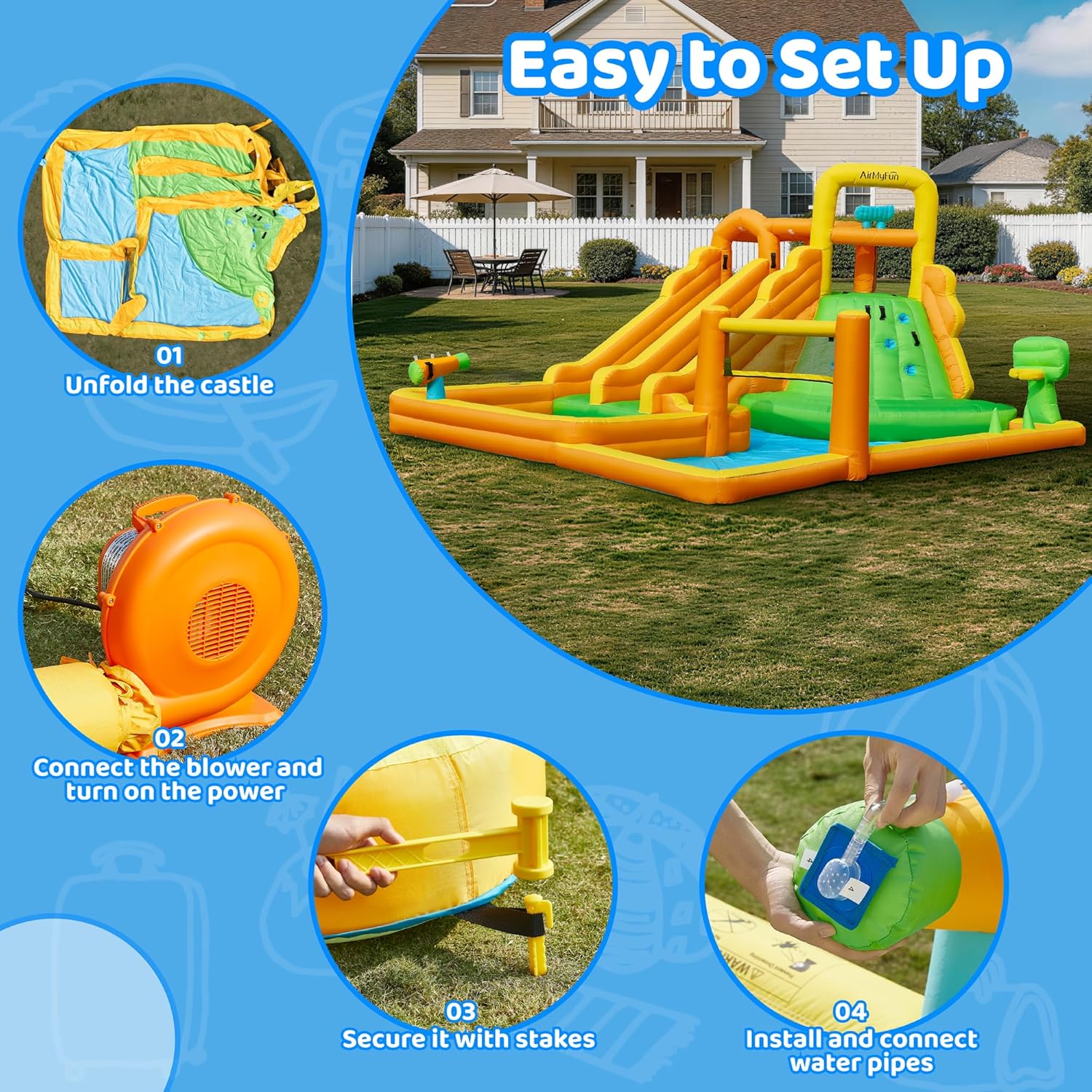 Inflatable Water Slide for Kids Backyard, 10 in 1 Water Park with Double Long Slides, Climbing Wall, Basketball Hoop