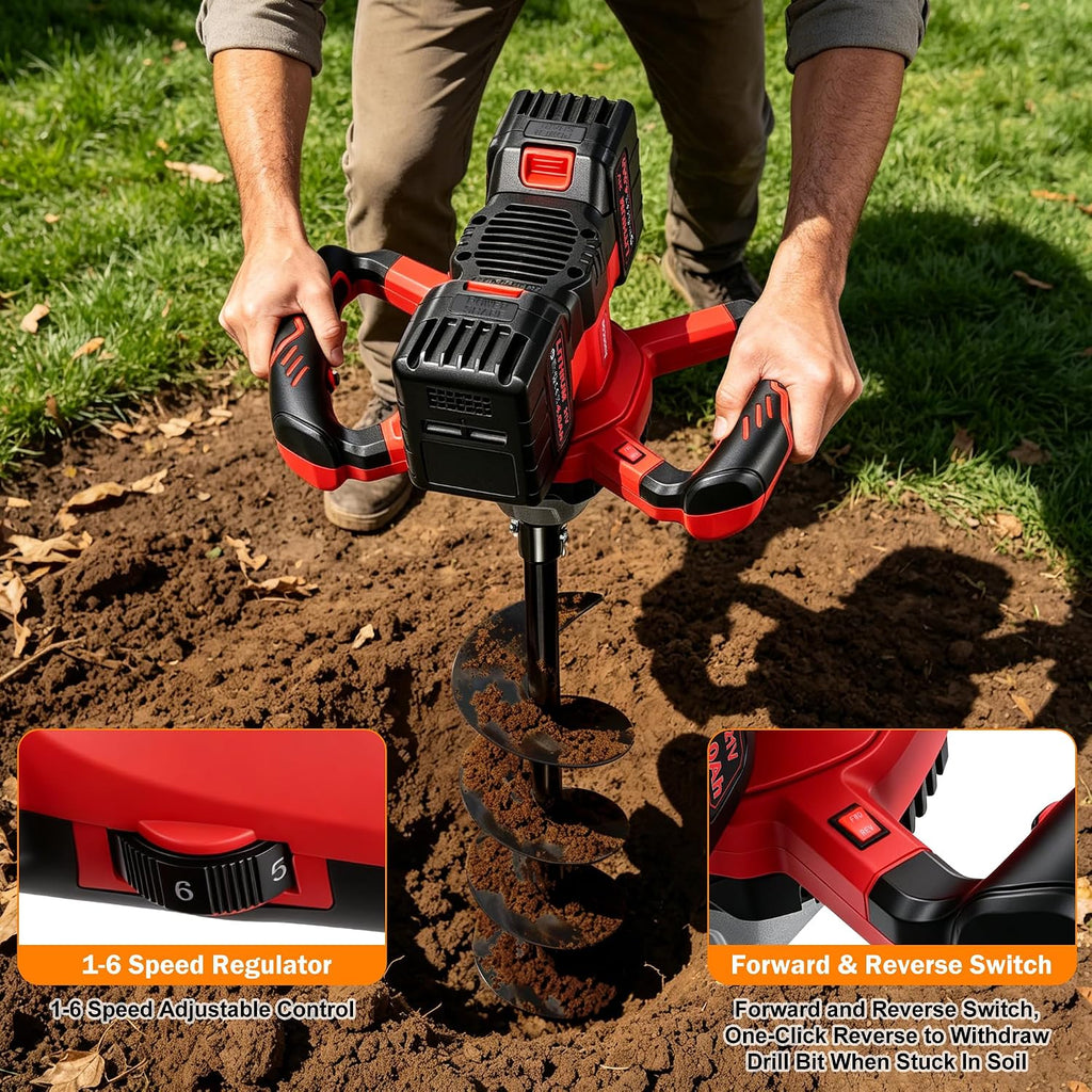 Auger Post Hole Digger,Electric Earth Auge, Equipped with 6-Inch Drill Bit and Two 4.0Ah Batteries. It Supports