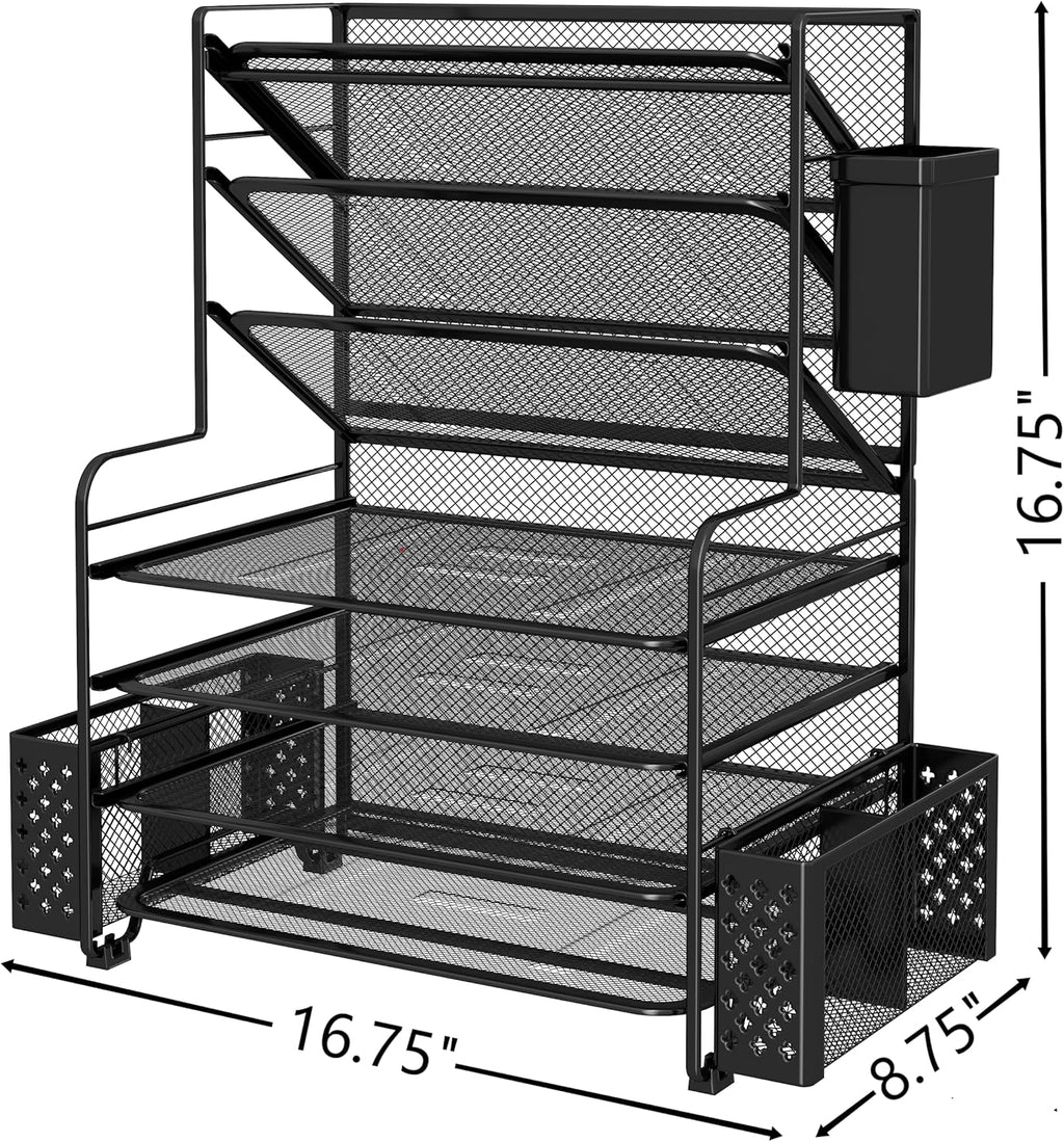 7 Tier Desk File Organizer, Letter Tray Paper Organizer with Pen Holder and Metal Hanging Basket, Black