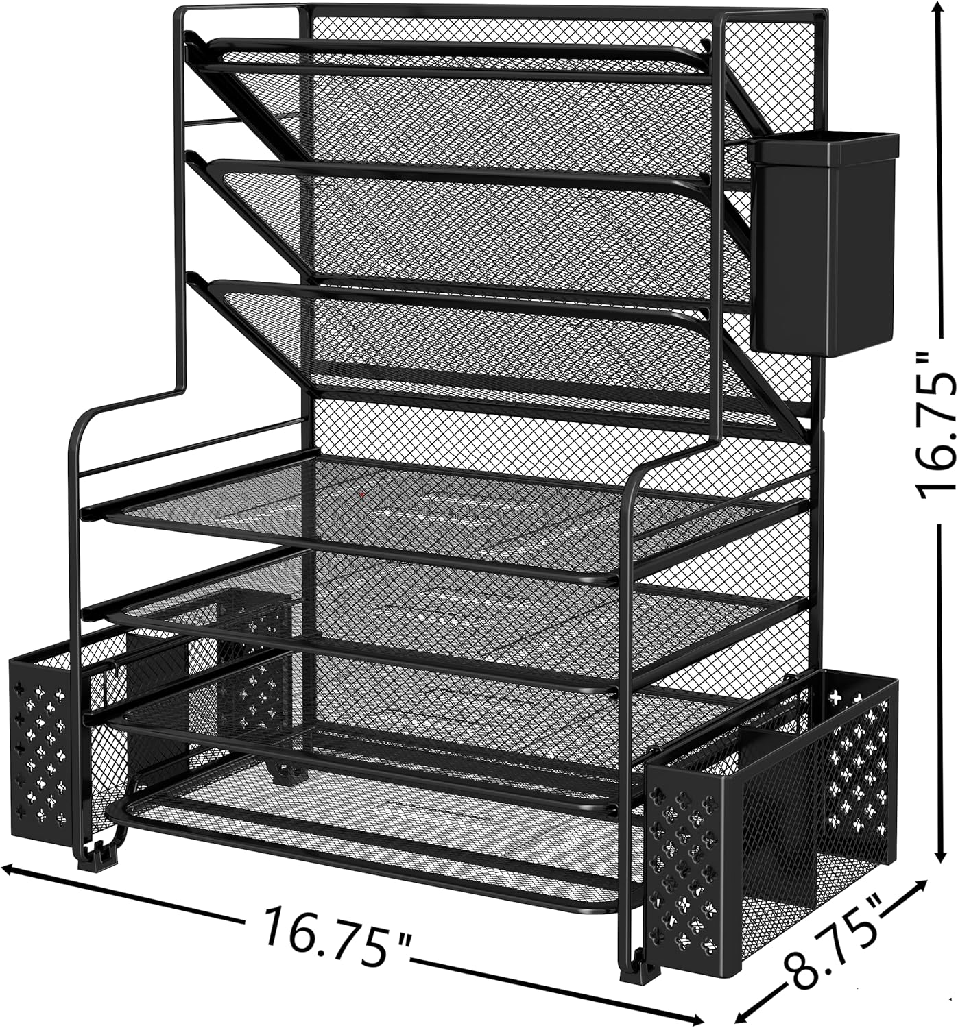 7 Tier Desk File Organizer, Letter Tray Paper Organizer with Pen Holder and Metal Hanging Basket, Black