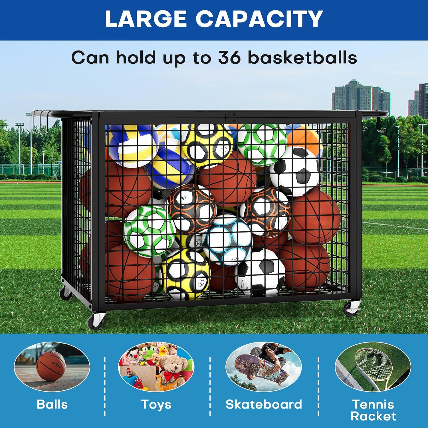 41.7" Extra Large Ball Cart Storage Rolling with Lockable Wheels Lid | Removable Handle, Holds Up to 36 Balls