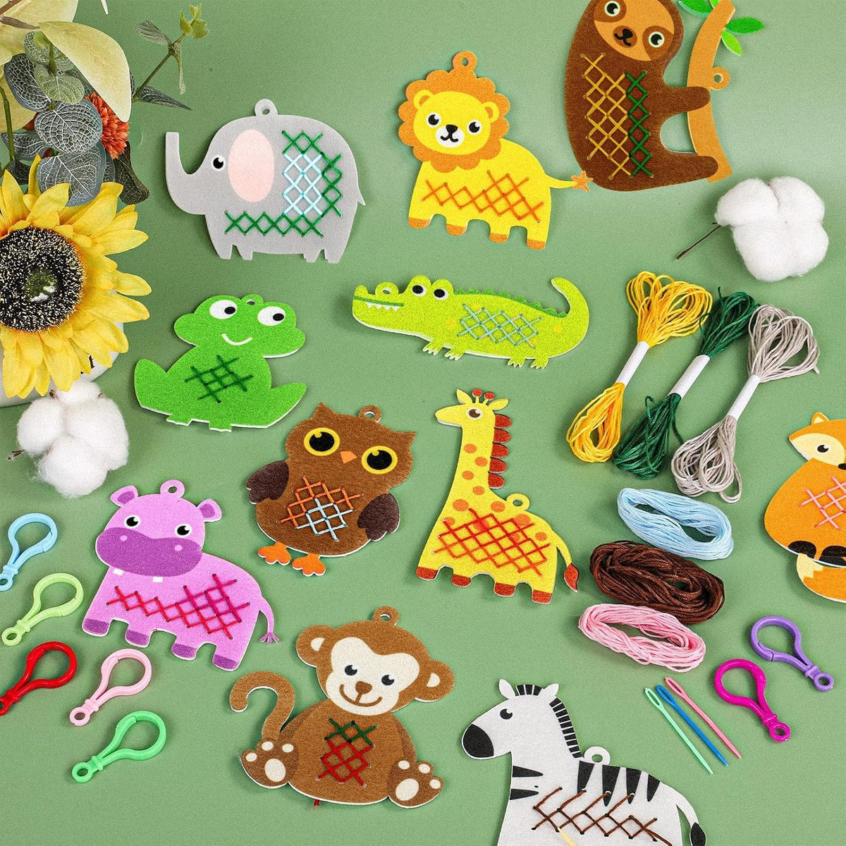 Cross Embroidery Kit for Kids Beginner 12 Jungle Animals Felt Keyrings Needlepoint Embroidery Starter Set with Jumbo