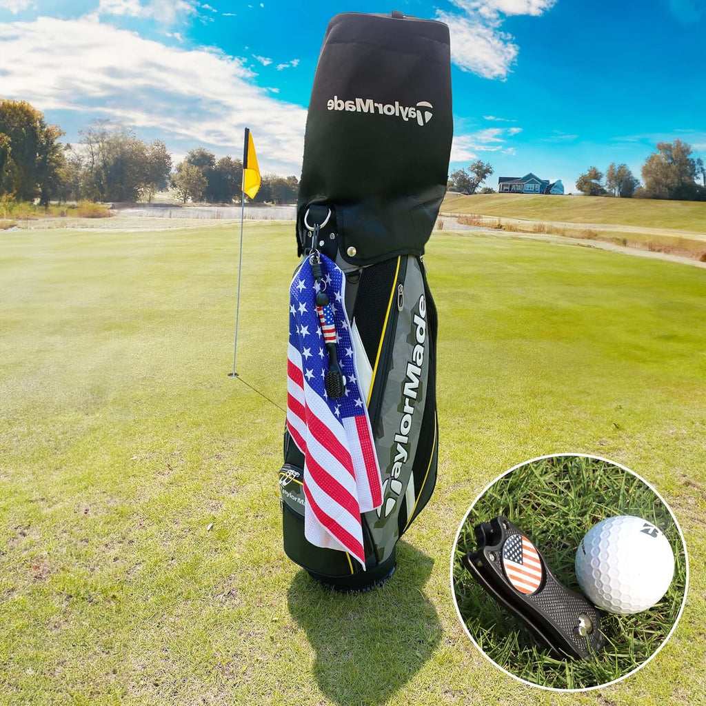 Golf Club Brush and Amercian Flag Golf Towels, Golf Groove Cleaner Cleaning kit, Golf Accessories Cleaner Tool with