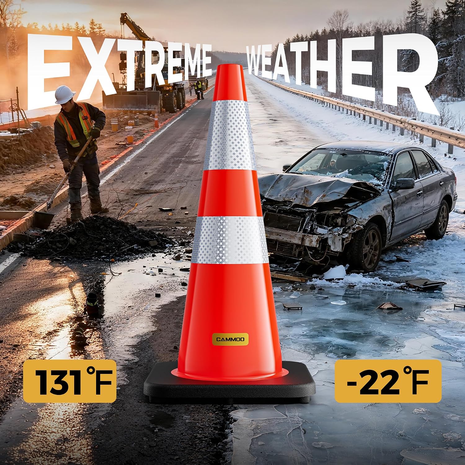 10 Pack 28 Inch Traffic Cones with Black Base | From -22℉ to 131℉, MUTCD-Compliant Orange Safety Cone, Reflective