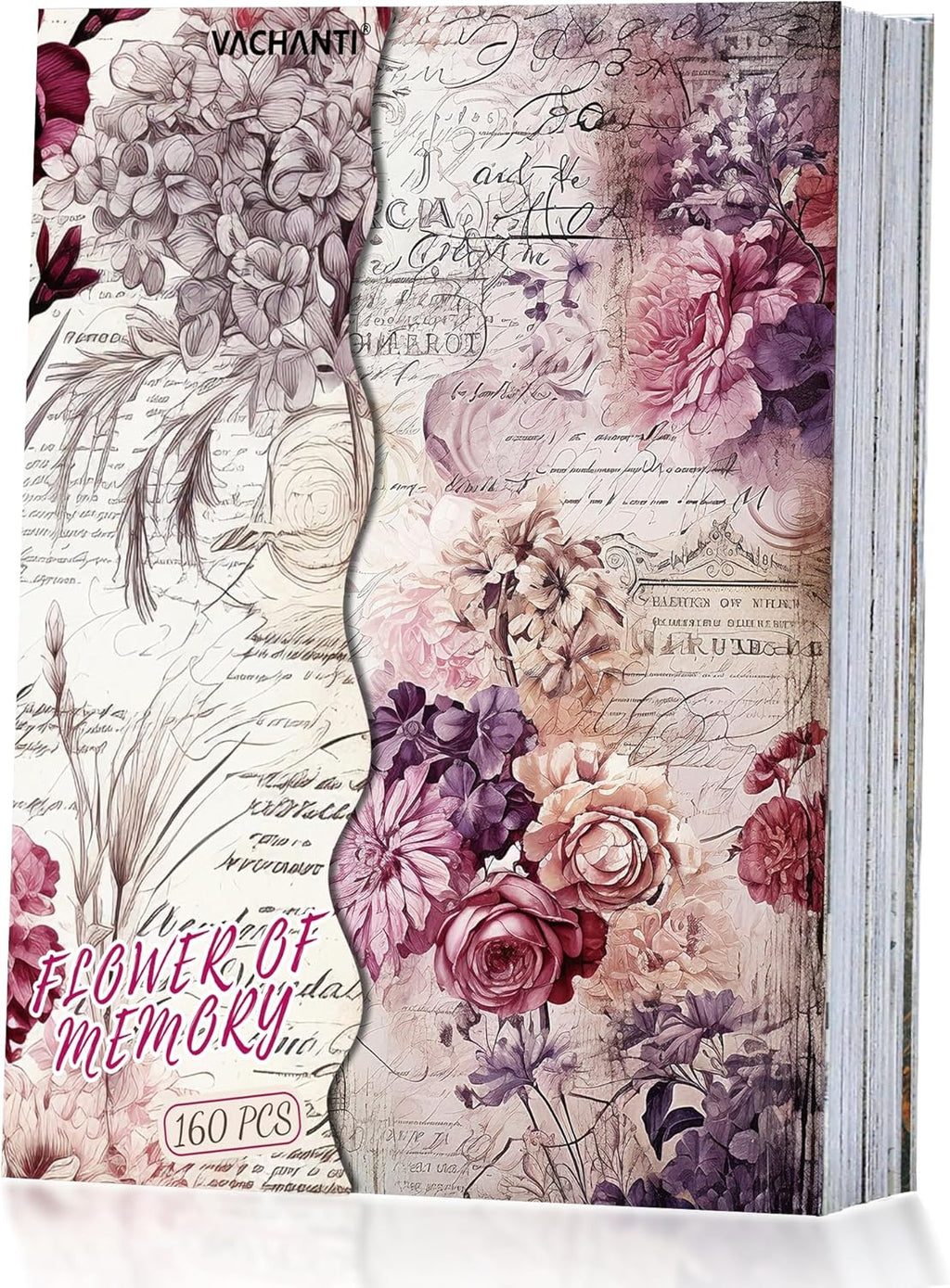 160 Sheets Vintage Flower Scrapbook Paper, Junk Journal Supplies, Purple Pink Flowers with Cursive Script No