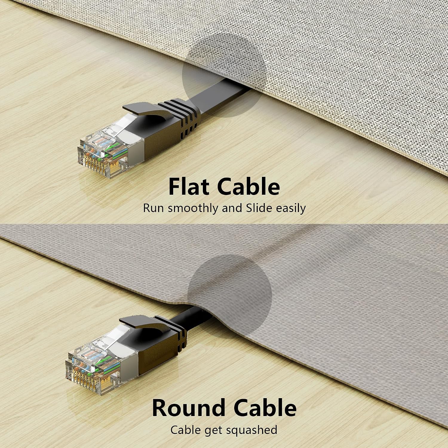 Cat6/Cat6A Ethernet Cable 50FT Flat with Clips 10Gbps Network, Black | 1FT 3FT 5FT 10FT 15FT 20FT 25FT 30FT 35FT 50FT