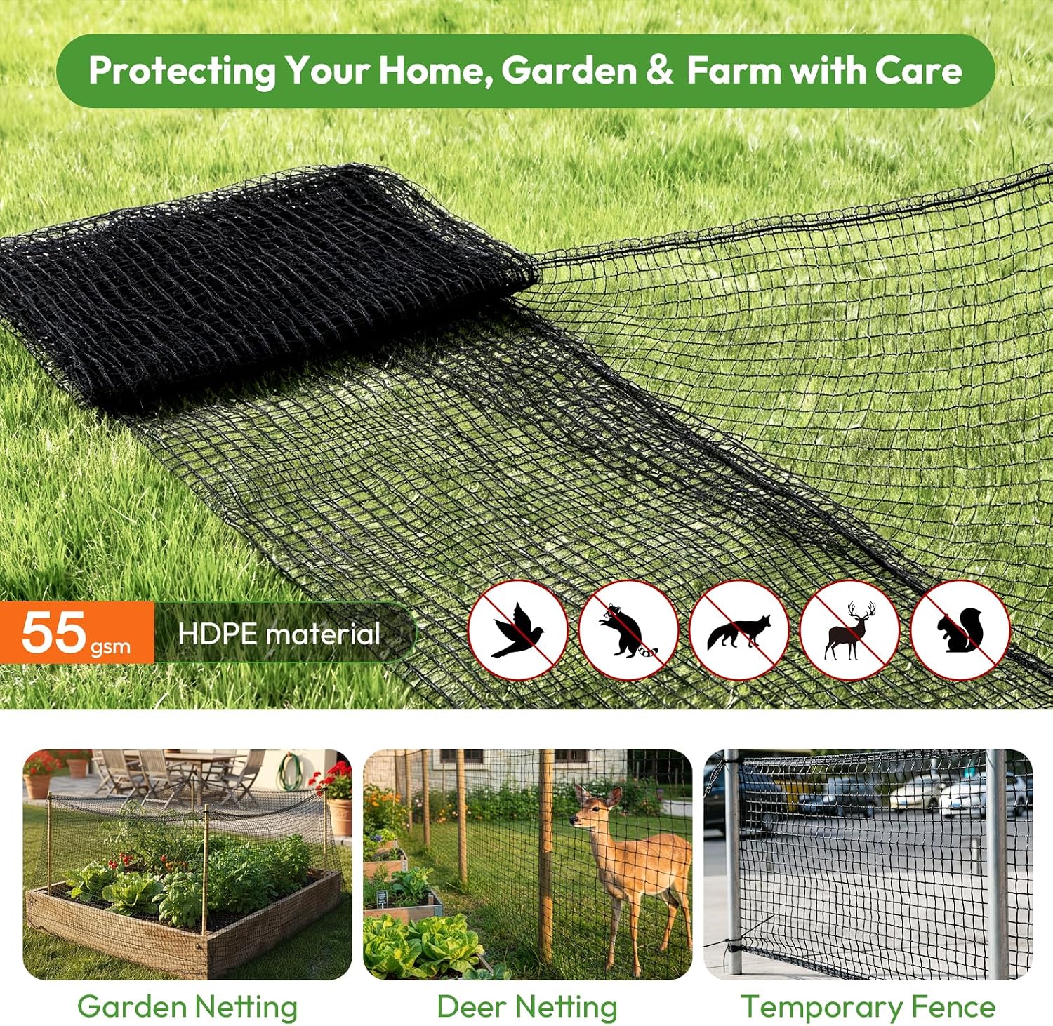 Deer Netting for Garden 7ftx25ft, Plastic Mesh Deer Fence with Pre-Strung Reinforced Edge, Durable Temporary Fencing