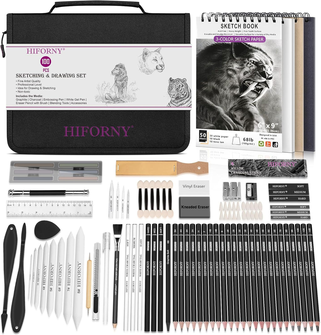 100 PCS Drawing Set Sketching Kit,Sketch Pencils Art Supplies with Graphite,Charcoal,Blending Tools &