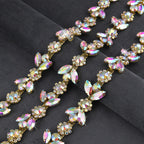1 Yard Rhinestone Trim Chain, Gold AB Floral Applique for Dresses