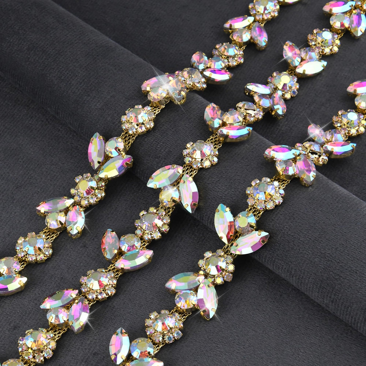 1 Yard Rhinestone Trim Chain, Gold AB Floral Applique for Dresses