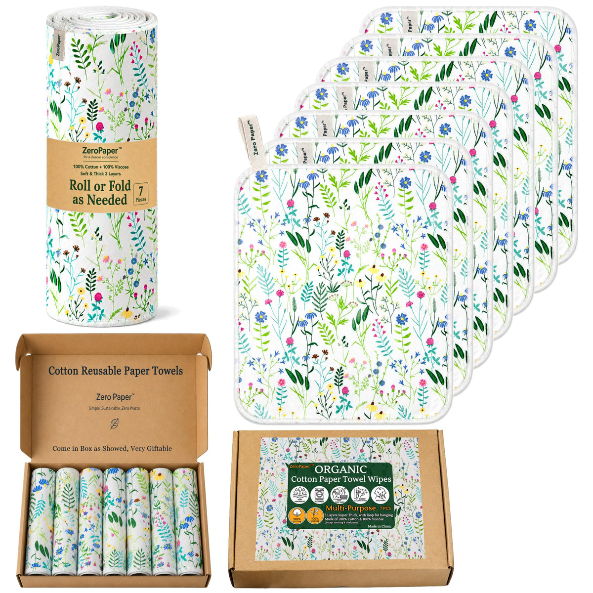 100% Cotton Flannel Reusable Paper Towels - 7 Pack Machine Washable - 3 Layers Extra Absorbent, Zero Waste Soft Cloth