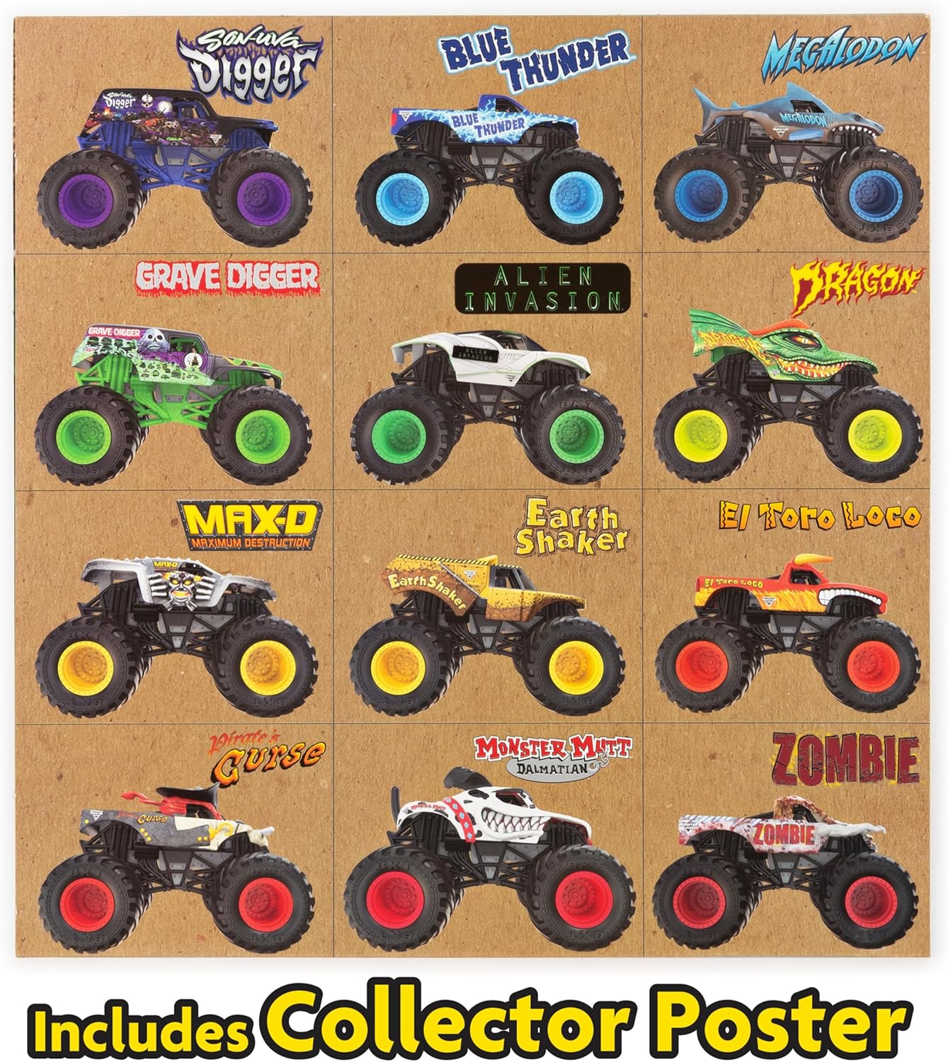 Official Die-Cast Monster Trucks, 1:64 Scale 12-Pack | 12 Exclusive Toy Trucks, Authentic Details & Graphics, Grave