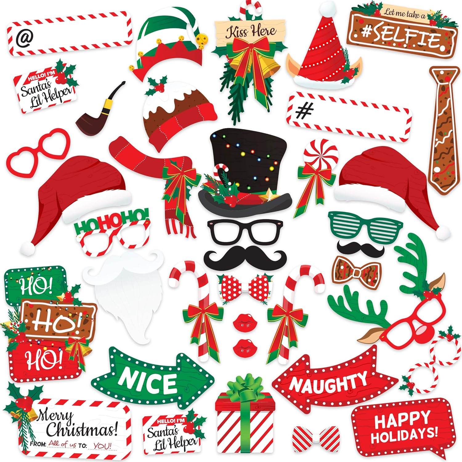 Christmas Photo Booth Props 38pc Set - Christmas Party Decorations, Party Favors, Games & Supplies for Kids Adults