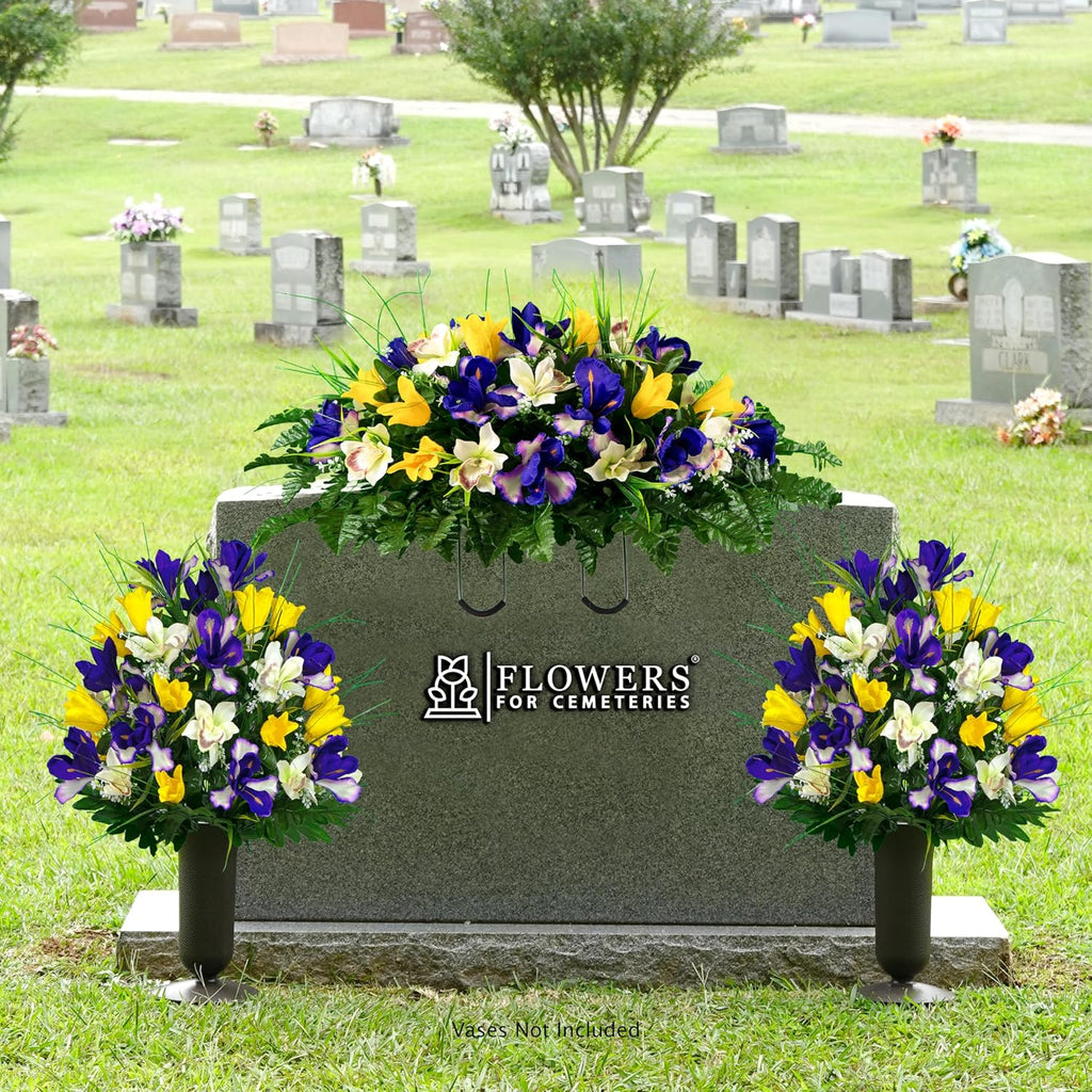 Artificial Cemetery Flowers - Grave Decoration - Yellow Tulips and Purple Iris (1) Headstone Saddle (2) Bouquets