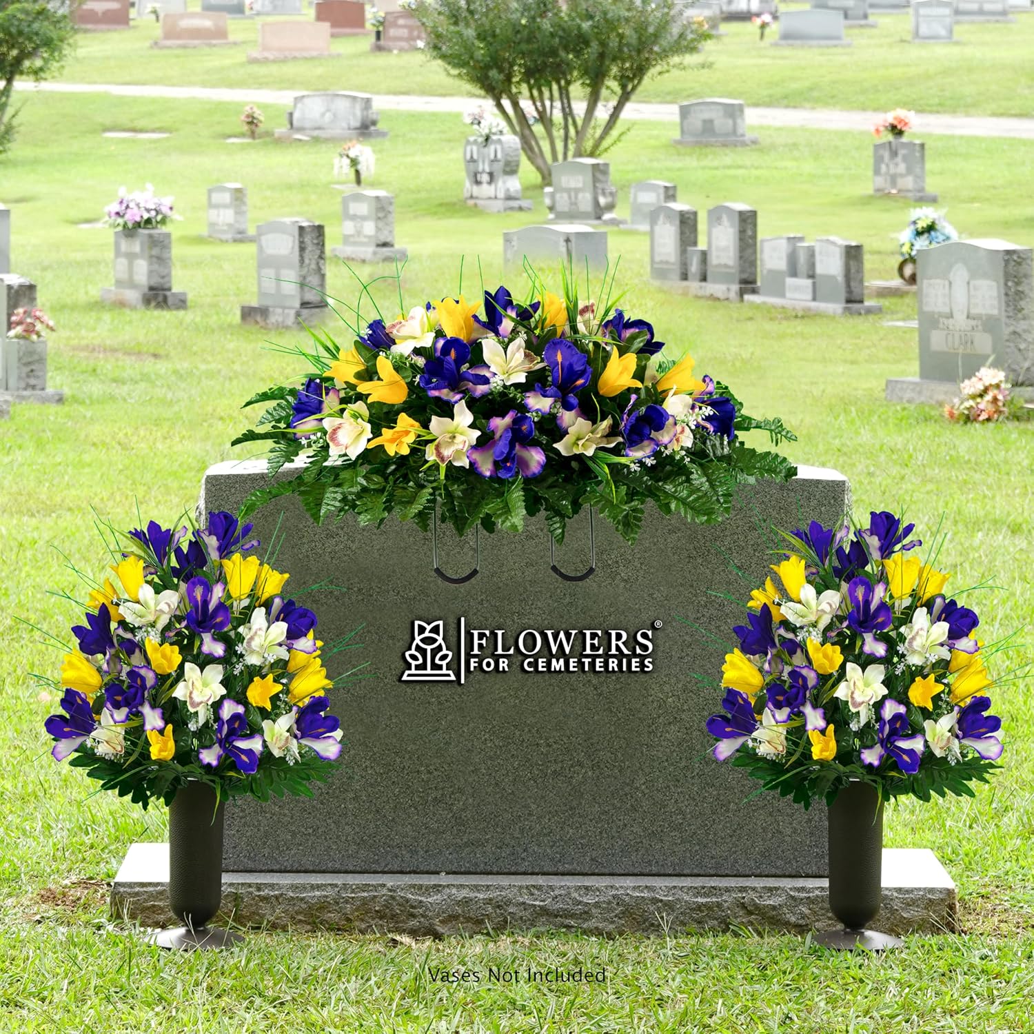 Artificial Cemetery Flowers - Grave Decoration - Yellow Tulips and Purple Iris (1) Headstone Saddle (2) Bouquets
