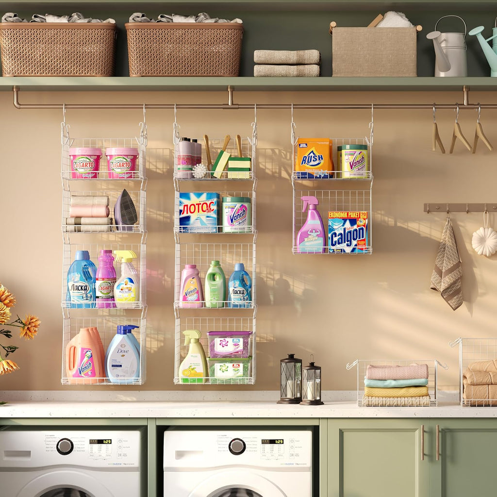 4-Tier Hanging Laundry Room Organizer: Foldable Wire Shelf Basket with 2 Large Hooks 1.65" & 360°Rotating Hooks –